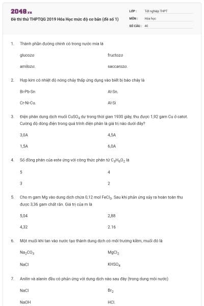 Đề thi thử THPTQG 2019 Hóa Học mức độ cơ bản (đề số 1)