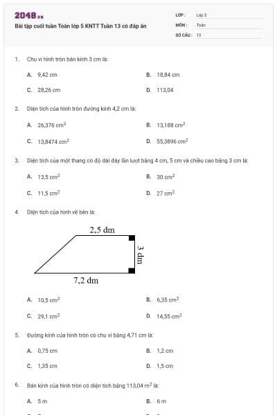 Bài tập cuối tuần Toán lớp 5 KNTT Tuần 13 có đáp án