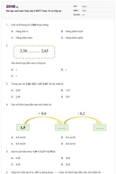 Bài tập cuối tuần Toán lớp 5 KNTT Tuần 16 có đáp án
