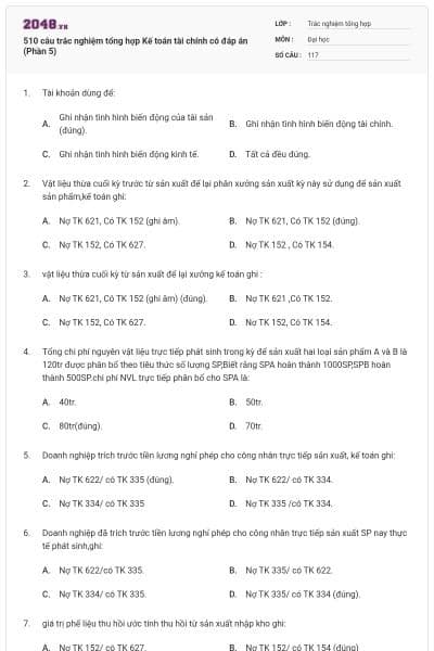 510 câu trắc nghiệm tổng hợp Kế toán tài chính có đáp án (Phần 5)