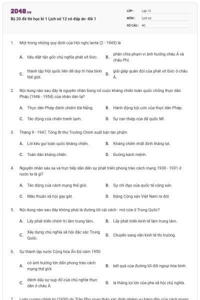 Bộ 20 đề thi học kì 1 Lịch sử 12 có đáp án -Đề 1