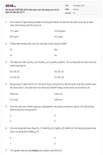 Đề thi thử THPTQG 2019 Hóa Học mức độ nâng cao có lời giải chi tiết (đề số 1)
