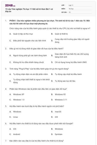 15 câu Trắc nghiệm Tin học 11 Kết nối tri thức Bài 1 có đáp án