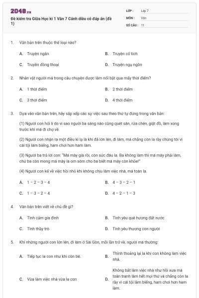 Đề kiểm tra Giữa Học kì 1 Văn 7 Cánh diều có đáp án (đề 1)