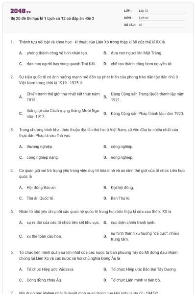 Bộ 20 đề thi học kì 1 Lịch sử 12 có đáp án -Đề 2