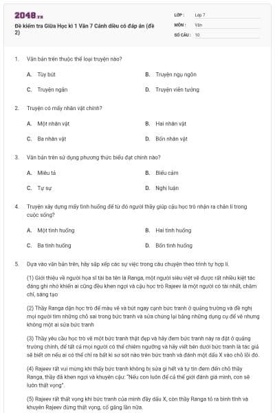 Đề kiểm tra Giữa Học kì 1 Văn 7 Cánh diều có đáp án (đề 2)