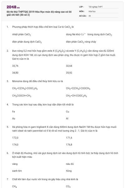 Đề thi thử THPTQG 2019 Hóa Học mức độ nâng cao có lời giải chi tiết (đề số 2)