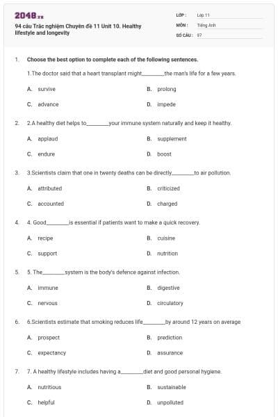 94 câu Trắc nghiệm Chuyên đề 11 Unit 10. Healthy lifestyle and longevity