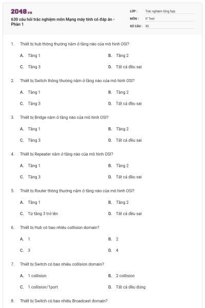630 câu hỏi trắc nghiệm môn Mạng máy tính có đáp án - Phần 1