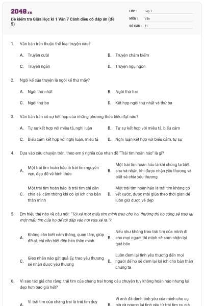 Đề kiểm tra Giữa Học kì 1 Văn 7 Cánh diều có đáp án (đề 5)