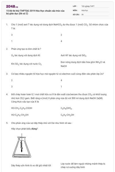 15 Đề thi thử THPTQG 2019 Hóa Học chuẩn cấu trúc của bộ giáo dục (Đề số 2)