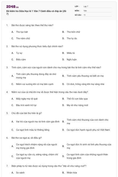 Đề kiểm tra Giữa Học kì 1 Văn 7 Cánh diều có đáp án (đề 7)