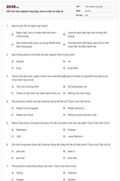 259 câu trắc nghiệm tổng hợp Java cơ bản có đáp án