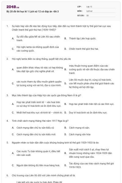 Bộ 20 đề thi học kì 1 Lịch sử 12 có đáp án -Đề 3