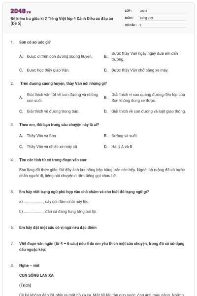 Đề kiểm tra giữa kì 2 Tiếng Việt lớp 4 Cánh Diều có đáp án (Đề 5)