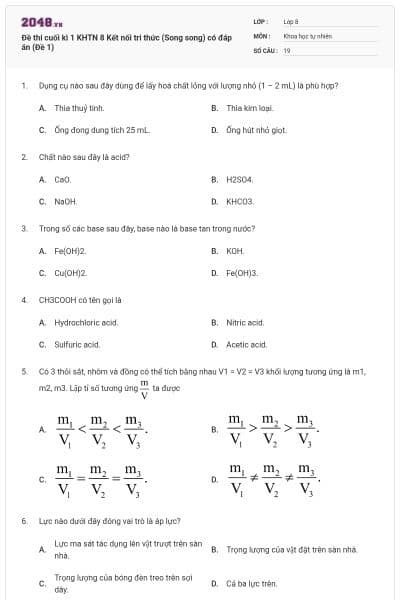 Đề thi cuối kì 1 KHTN 8 Kết nối tri thức (Song song) có đáp án (Đề 1)