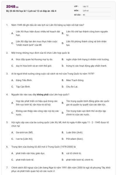 Bộ 20 đề thi học kì 1 Lịch sử 12 có đáp án -Đề 4