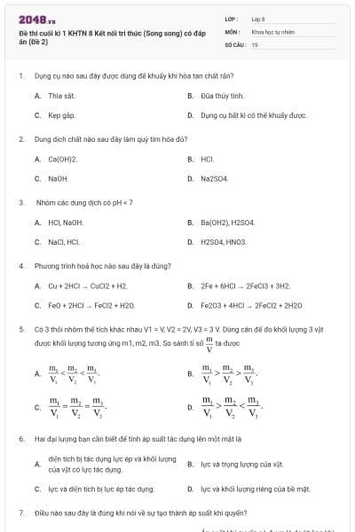 Đề thi cuối kì 1 KHTN 8 Kết nối tri thức (Song song) có đáp án (Đề 2)