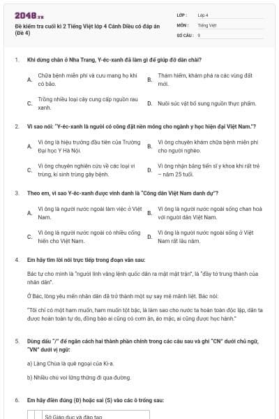 Đề kiểm tra cuối kì 2 Tiếng Việt lớp 4 Cánh Diều có đáp án (Đề 4)