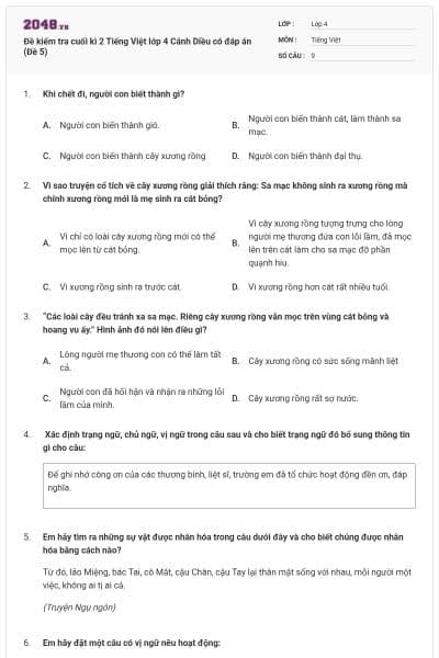 Đề kiểm tra cuối kì 2 Tiếng Việt lớp 4 Cánh Diều có đáp án (Đề 5)