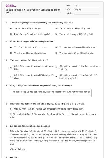 Đề kiểm tra cuối kì 2 Tiếng Việt lớp 4 Cánh Diều có đáp án (Đề 7)