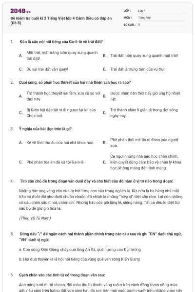 Đề kiểm tra cuối kì 2 Tiếng Việt lớp 4 Cánh Diều có đáp án (Đề 8)