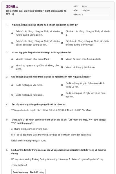 Đề kiểm tra cuối kì 2 Tiếng Việt lớp 4 Cánh Diều có đáp án (Đề 10)