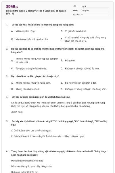 Đề kiểm tra cuối kì 2 Tiếng Việt lớp 4 Cánh Diều có đáp án (Đề 11)