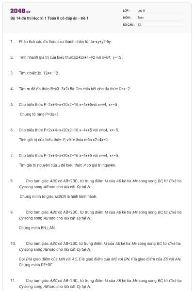 Bộ 14 đề thi Học kì 1 Toán 8 có đáp án - Đề 1