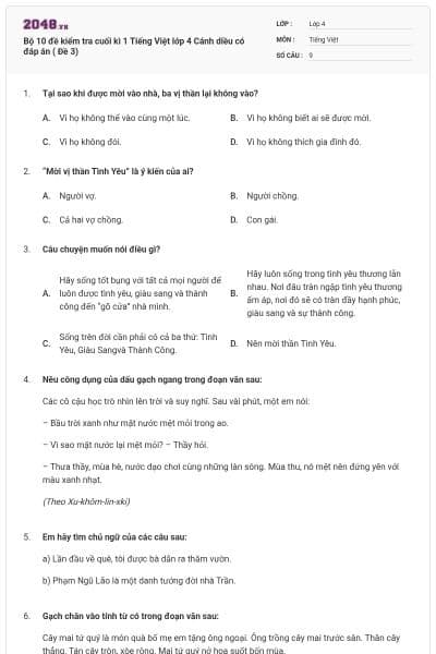 Bộ 10 đề kiểm tra cuối kì 1 Tiếng Việt lớp 4 Cánh diều có đáp án ( Đề 3)