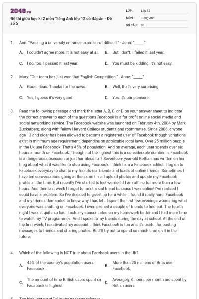 Đề thi giữa học kì 2 môn Tiếng Anh lớp 12 có đáp án - Đề số 5