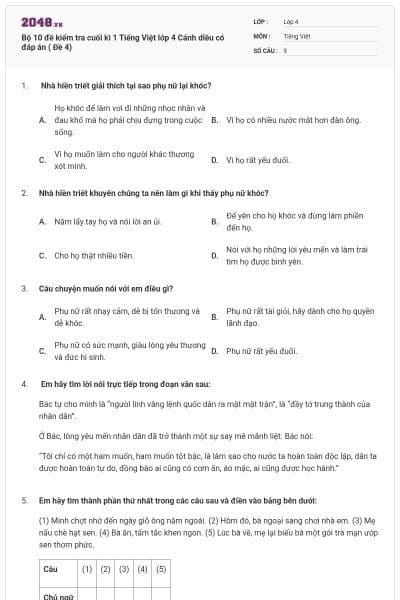 Bộ 10 đề kiểm tra cuối kì 1 Tiếng Việt lớp 4 Cánh diều có đáp án ( Đề 4)