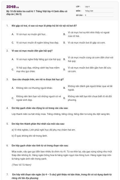 Bộ 10 đề kiểm tra cuối kì 1 Tiếng Việt lớp 4 Cánh diều có đáp án ( Đề 5)