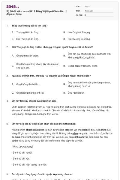 Bộ 10 đề kiểm tra cuối kì 1 Tiếng Việt lớp 4 Cánh diều có đáp án ( Đề 6)