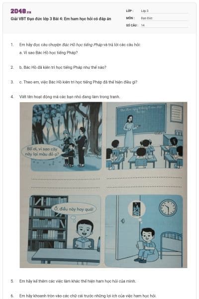 Giải VBT Đạo đức lớp 3 Bài 4: Em ham học hỏi có đáp án