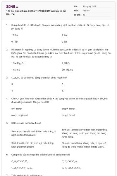 120 Bài trắc nghiệm thi thử THPTQG 2019 cực hay có lời giải (P2)