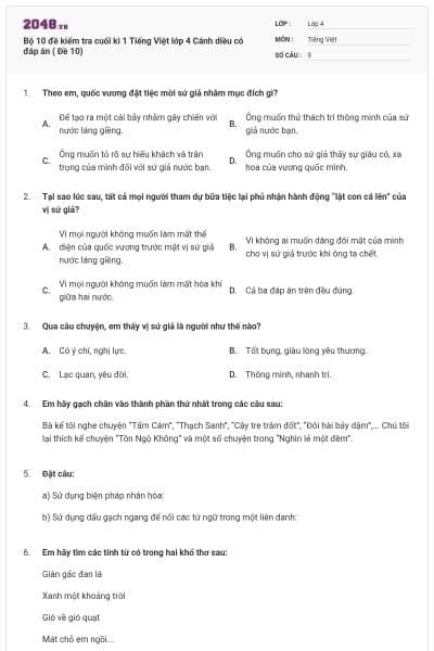 Bộ 10 đề kiểm tra cuối kì 1 Tiếng Việt lớp 4 Cánh diều có đáp án ( Đề 10)