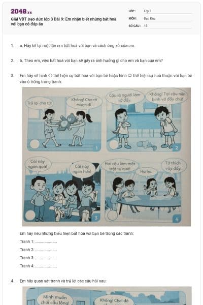 Giải VBT Đạo đức lớp 3 Bài 9: Em nhận biết những bất hoà với bạn có đáp án