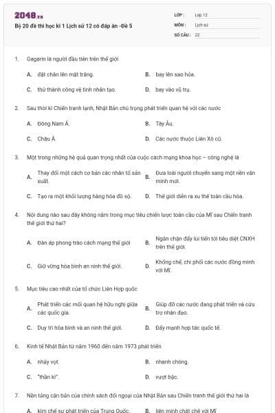 Bộ 20 đề thi học kì 1 Lịch sử 12 có đáp án -Đề 5