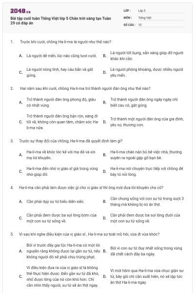 Bài tập cuối tuần Tiếng Việt lớp 5 Chân trời sáng tạo Tuần 29 có đáp án