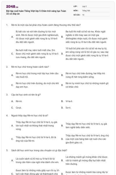 Bài tập cuối tuần Tiếng Việt lớp 5 Chân trời sáng tạo Tuần 32 có đáp án