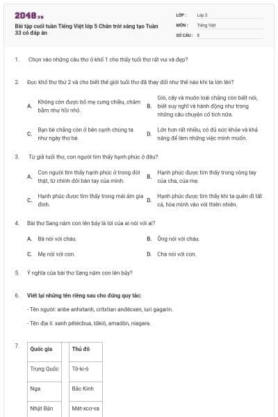 Bài tập cuối tuần Tiếng Việt lớp 5 Chân trời sáng tạo Tuần 33 có đáp án