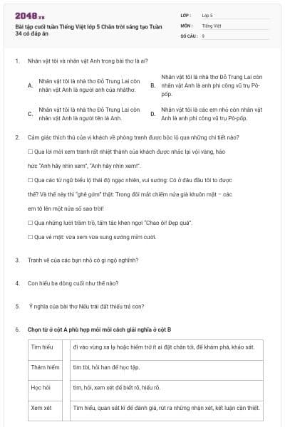 Bài tập cuối tuần Tiếng Việt lớp 5 Chân trời sáng tạo Tuần 34 có đáp án