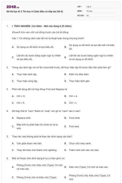 Đề thi học kì 2 Tin học 6 Cánh diều có đáp án( Đề 6)