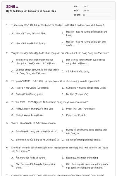 Bộ 20 đề thi học kì 1 Lịch sử 12 có đáp án -Đề 7