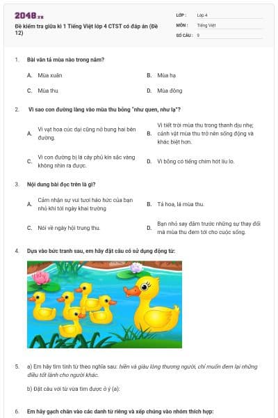 Đề kiểm tra giữa kì 1 Tiếng Việt lớp 4 CTST có đáp án (Đề 12)