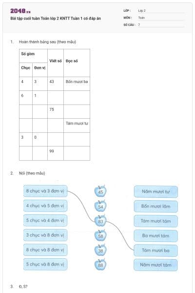 Bài tập cuối tuần Toán lớp 2 KNTT Tuần 1 có đáp án