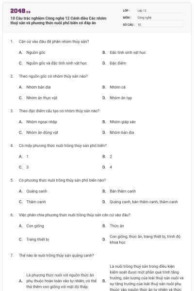 10 Câu trắc nghiệm Công nghệ 12 Cánh diều Các nhóm thuỷ sản và phương thức nuôi phổ biến có đáp án