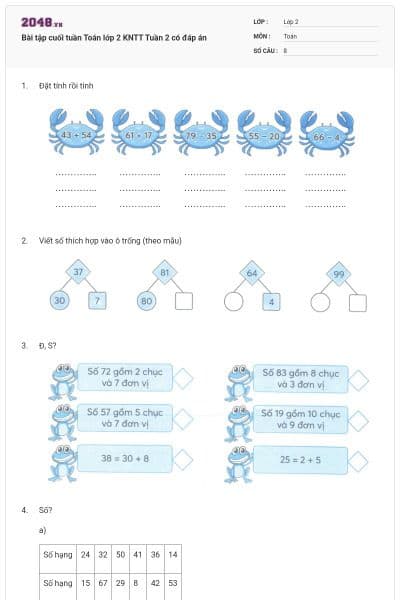 Bài tập cuối tuần Toán lớp 2 KNTT Tuần 2 có đáp án