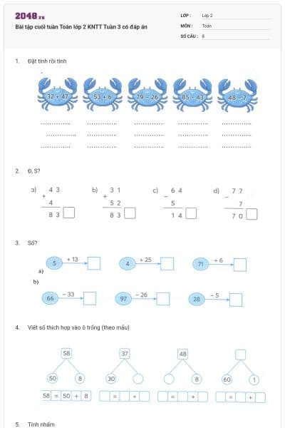Bài tập cuối tuần Toán lớp 2 KNTT Tuần 3 có đáp án